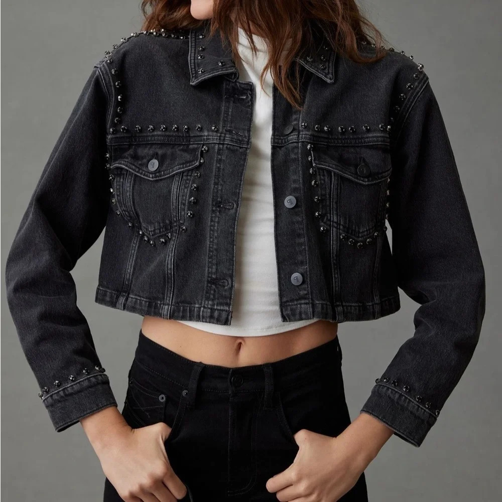 Pilcro Black Studded Cropped Denim Jacket